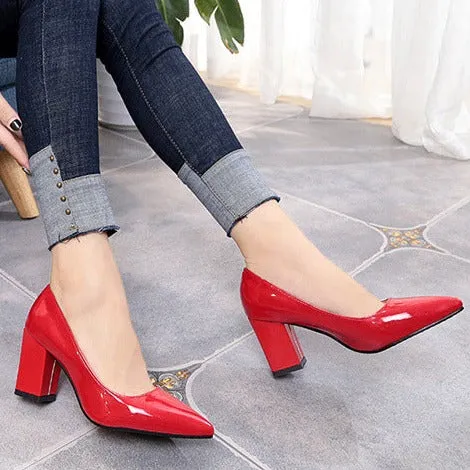 PU patent leather pointed toe chunky block heels pumps office work high heels