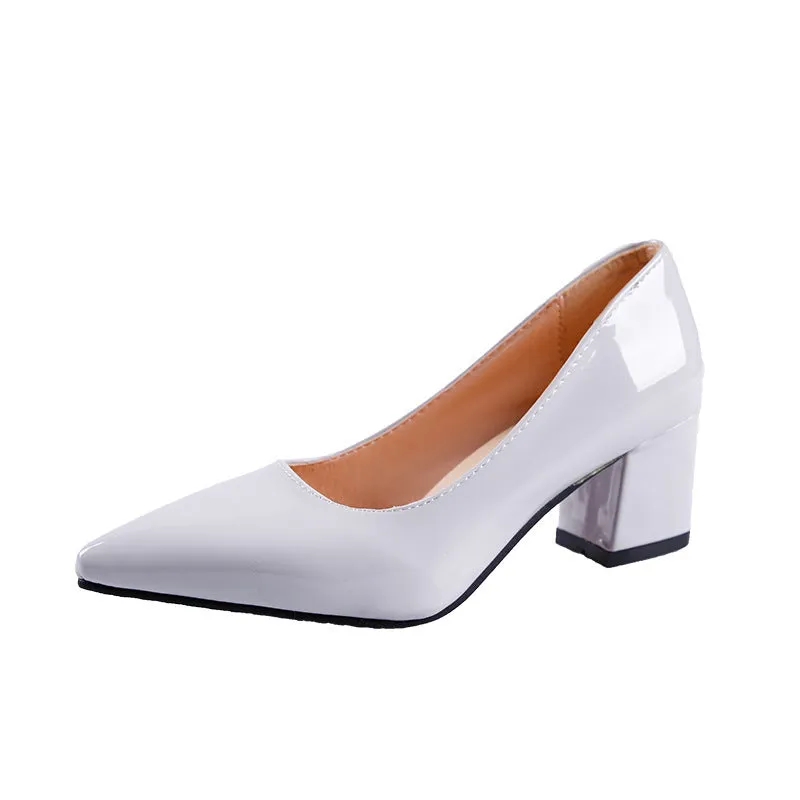 PU patent leather pointed toe chunky block heels pumps office work high heels