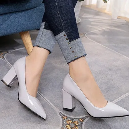 PU patent leather pointed toe chunky block heels pumps office work high heels
