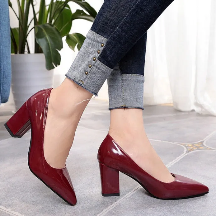 PU patent leather pointed toe chunky block heels pumps office work high heels