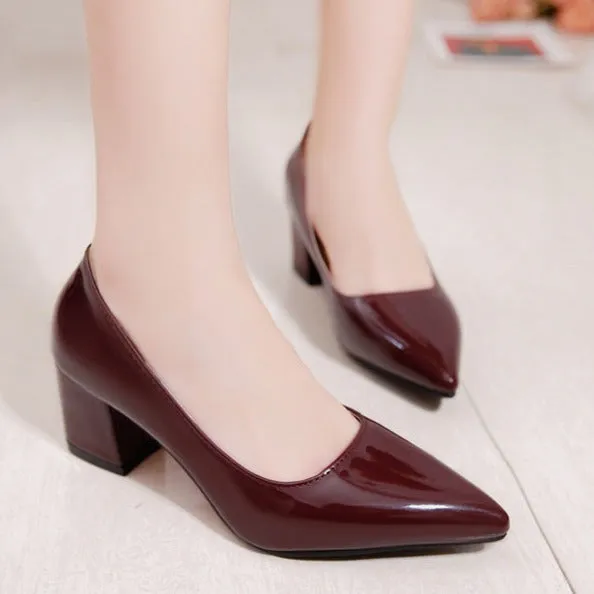 PU patent leather pointed toe chunky block heels pumps office work high heels