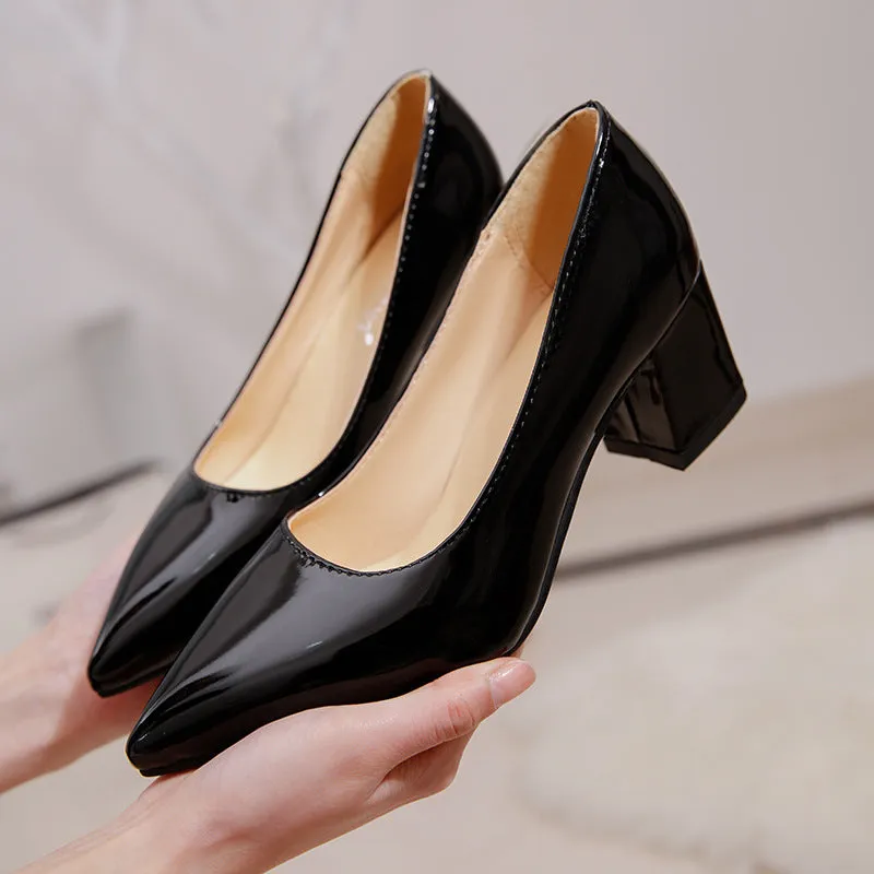 PU patent leather pointed toe chunky block heels pumps office work high heels