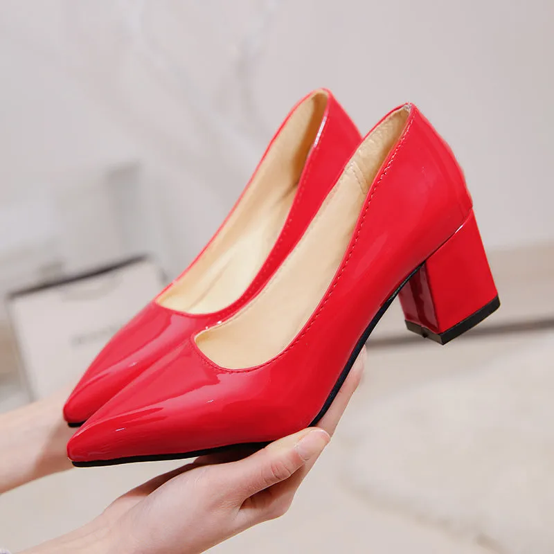 PU patent leather pointed toe chunky block heels pumps office work high heels