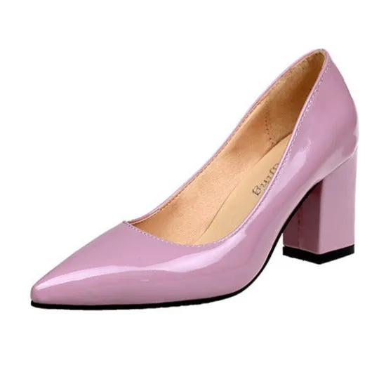 PU patent leather pointed toe chunky block heels pumps office work high heels