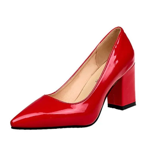 PU patent leather pointed toe chunky block heels pumps office work high heels