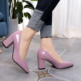 PU patent leather pointed toe chunky block heels pumps office work high heels