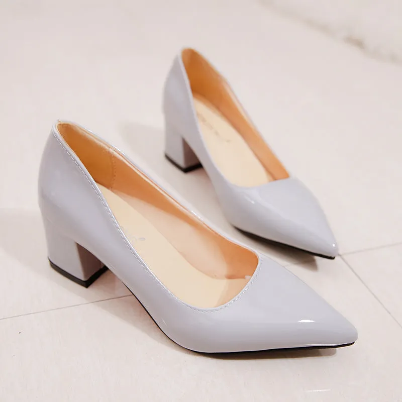 PU patent leather pointed toe chunky block heels pumps office work high heels