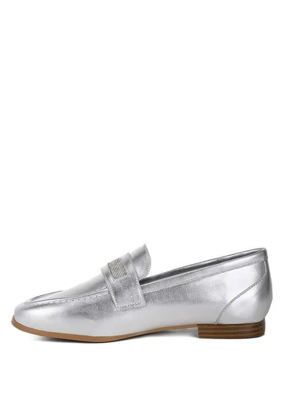 Rhinestone Strap Metallic Loafers