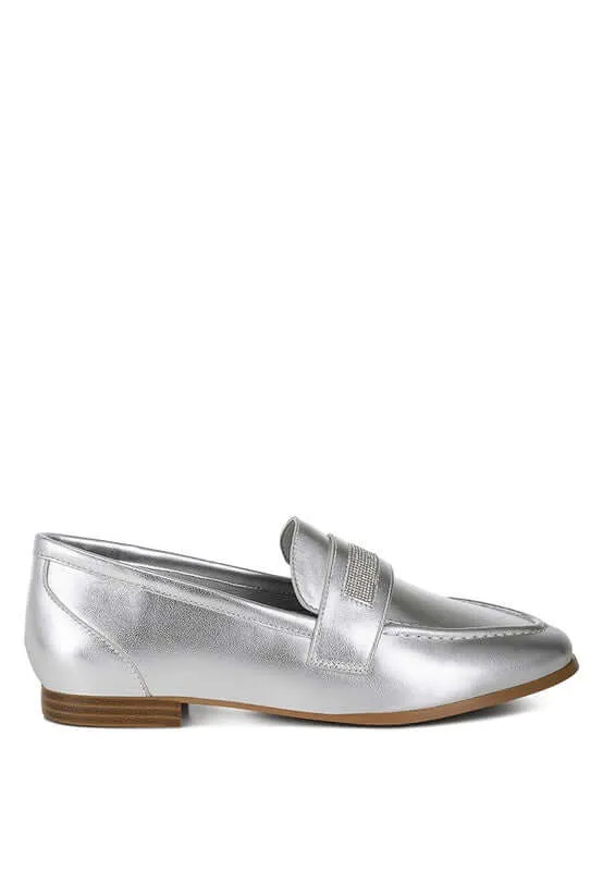Rhinestone Strap Metallic Loafers