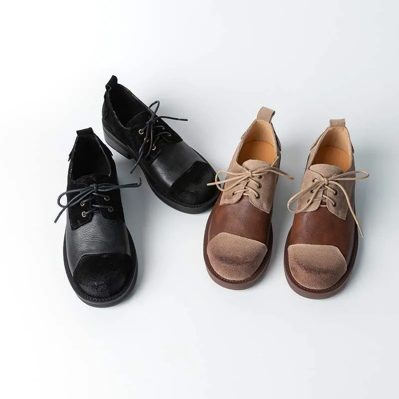 Soft Cow Leather Round Toe Flat Lace Up Oxfords for Women in Black/Brown