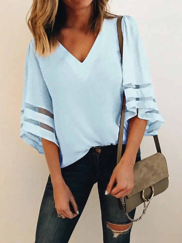 Solid Color V Neck Splice Loose T Shirt Tops