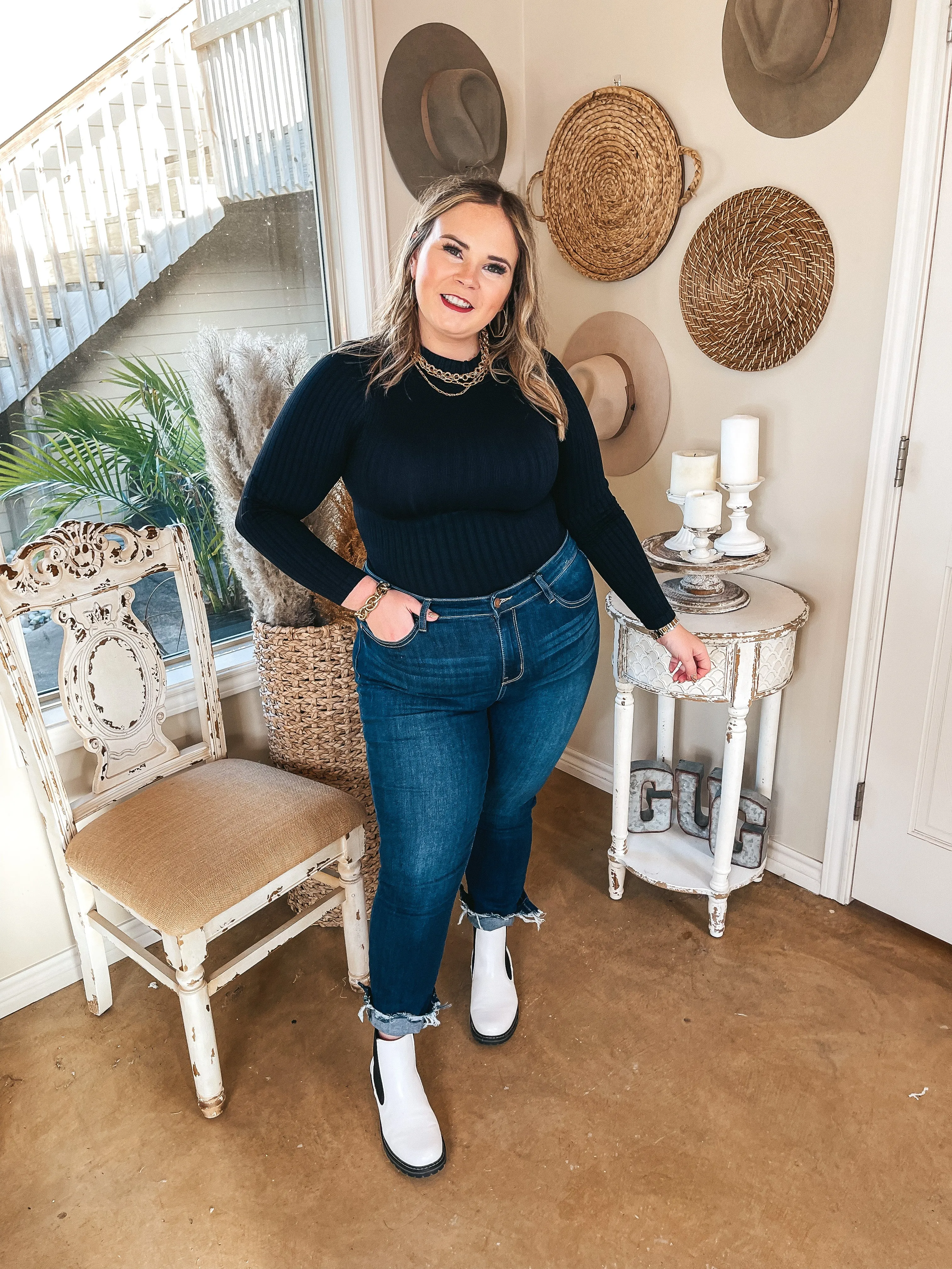Take Me Somewhere High Neck Ribbed Long Sleeve Top in Black