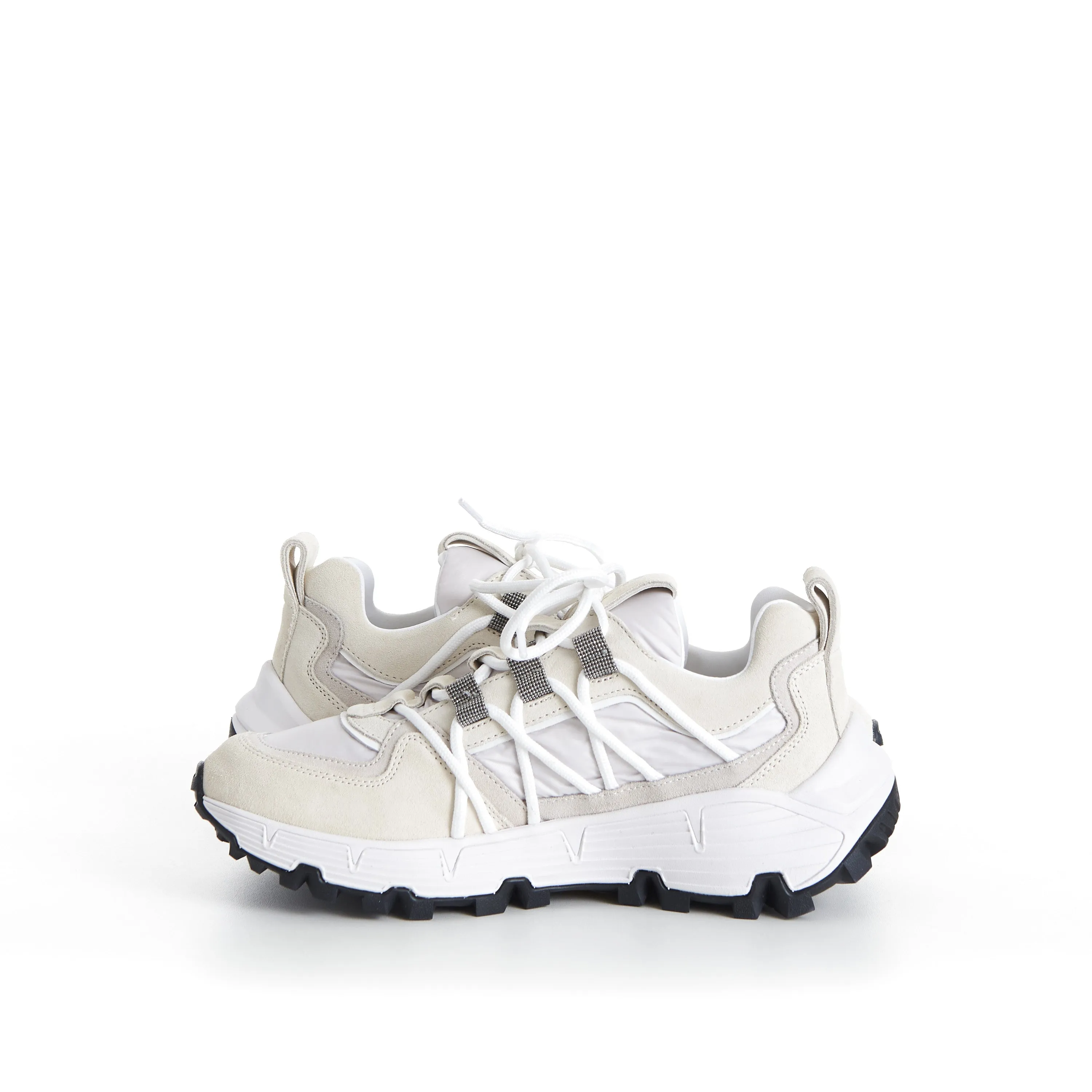 White Lowtop Sneakers - Monili Embroidered Eyelets, Suede/Techno Fabric