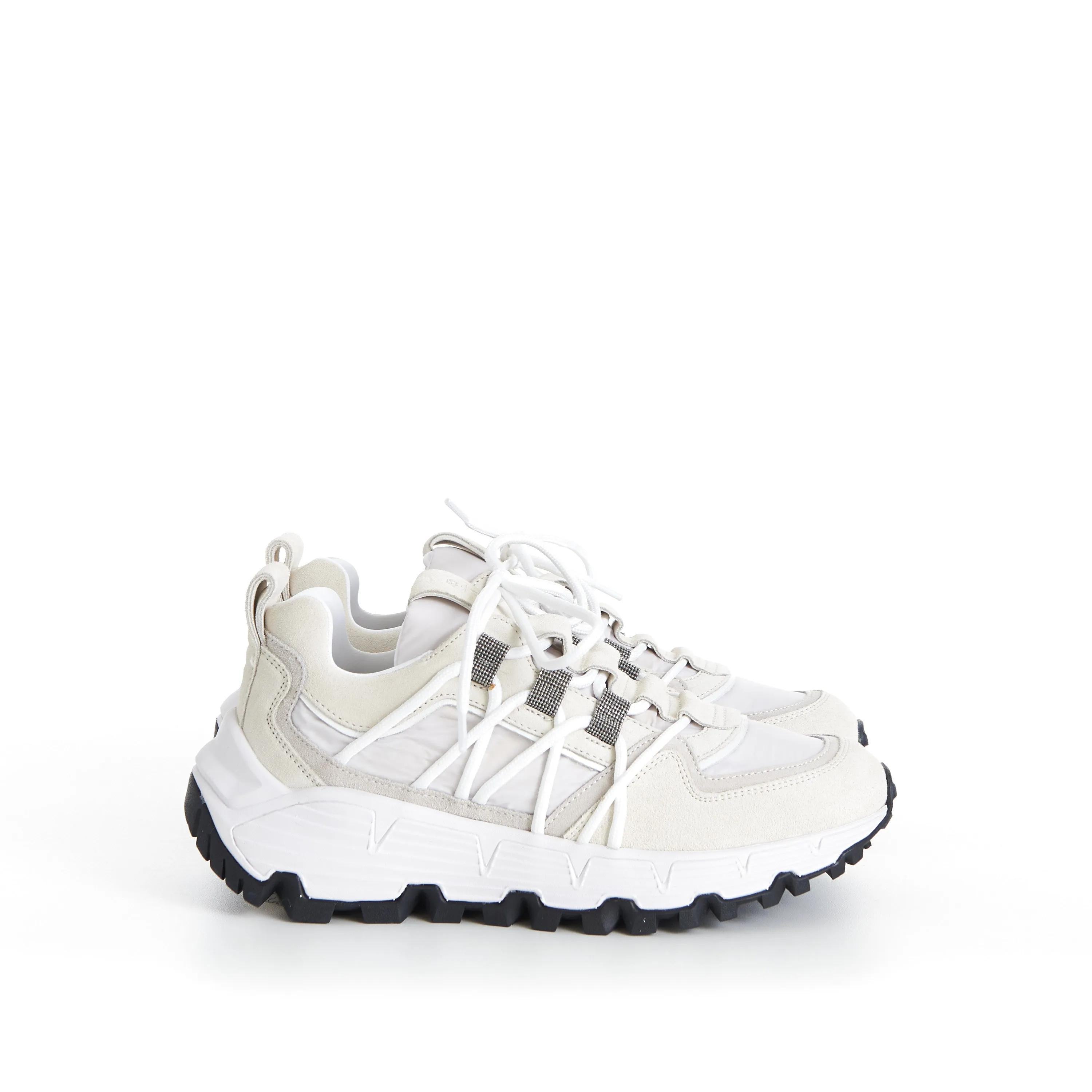 White Lowtop Sneakers - Monili Embroidered Eyelets, Suede/Techno Fabric