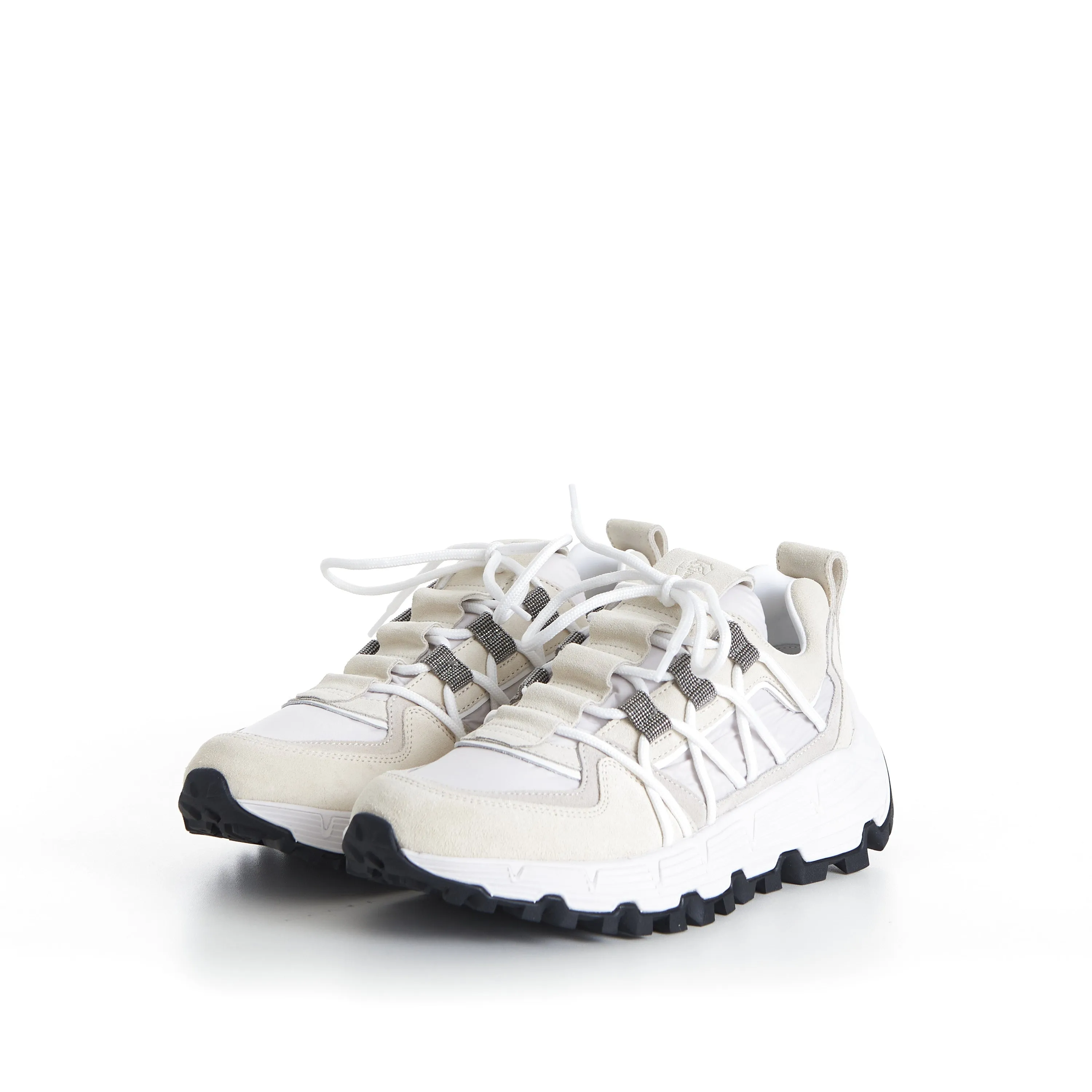 White Lowtop Sneakers - Monili Embroidered Eyelets, Suede/Techno Fabric