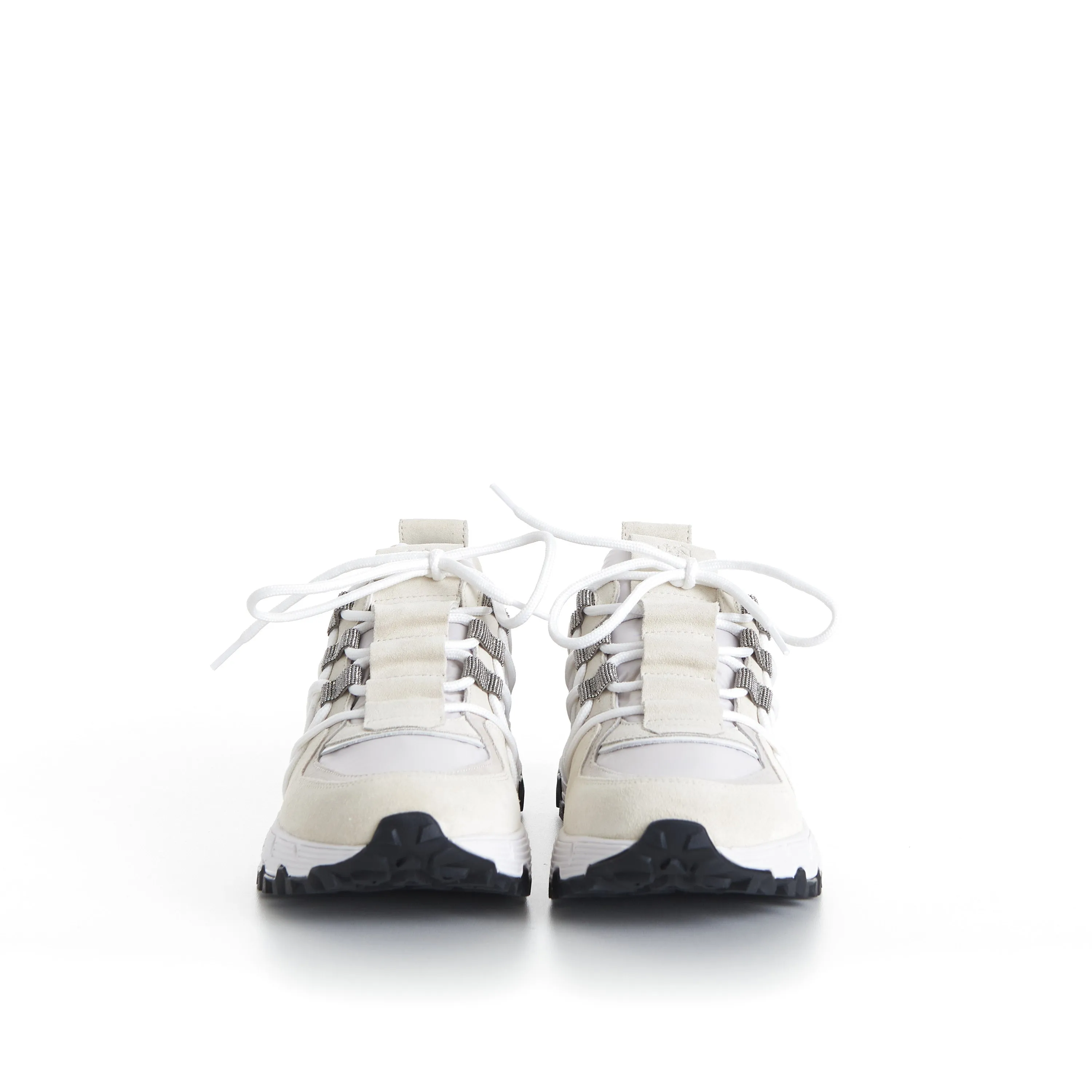 White Lowtop Sneakers - Monili Embroidered Eyelets, Suede/Techno Fabric
