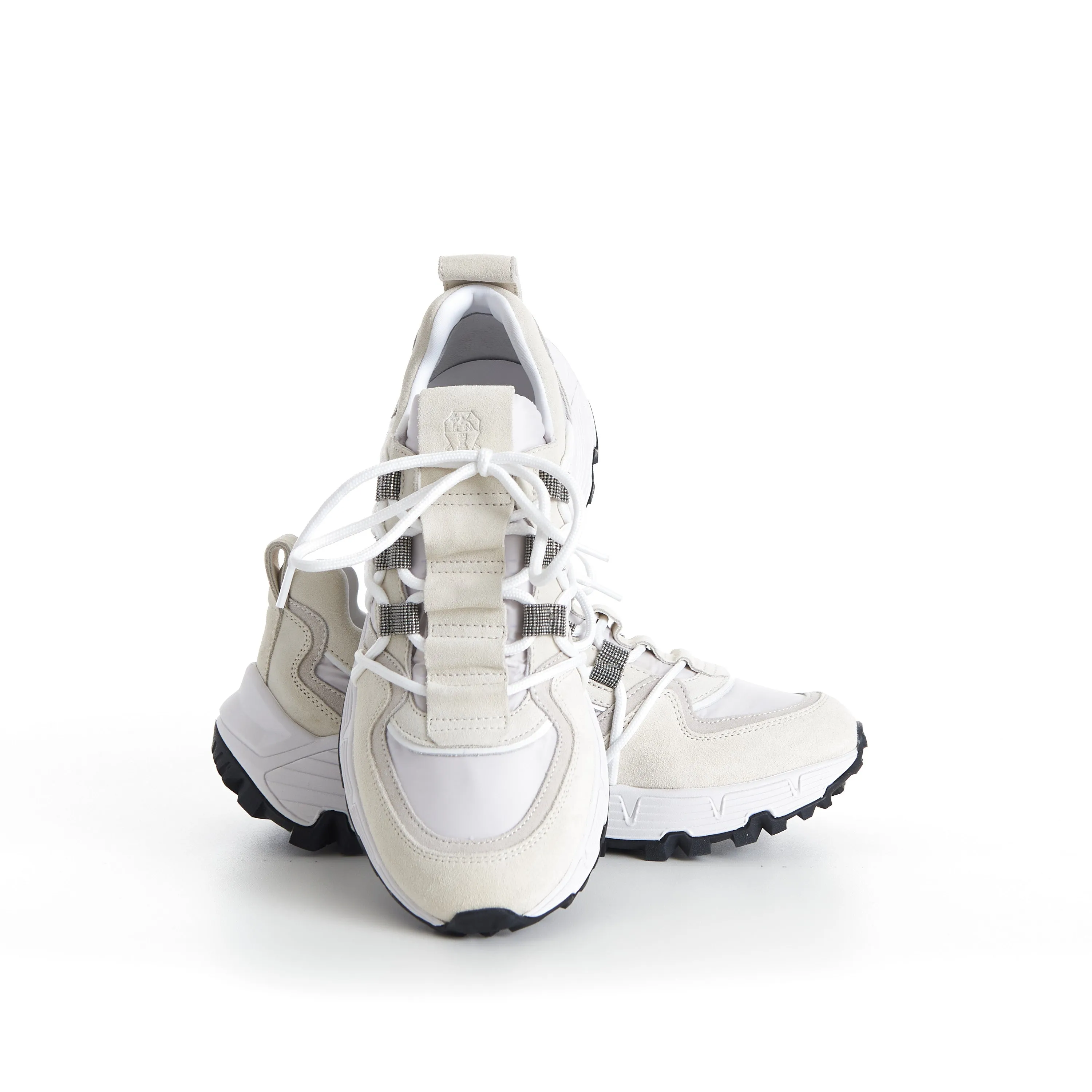 White Lowtop Sneakers - Monili Embroidered Eyelets, Suede/Techno Fabric