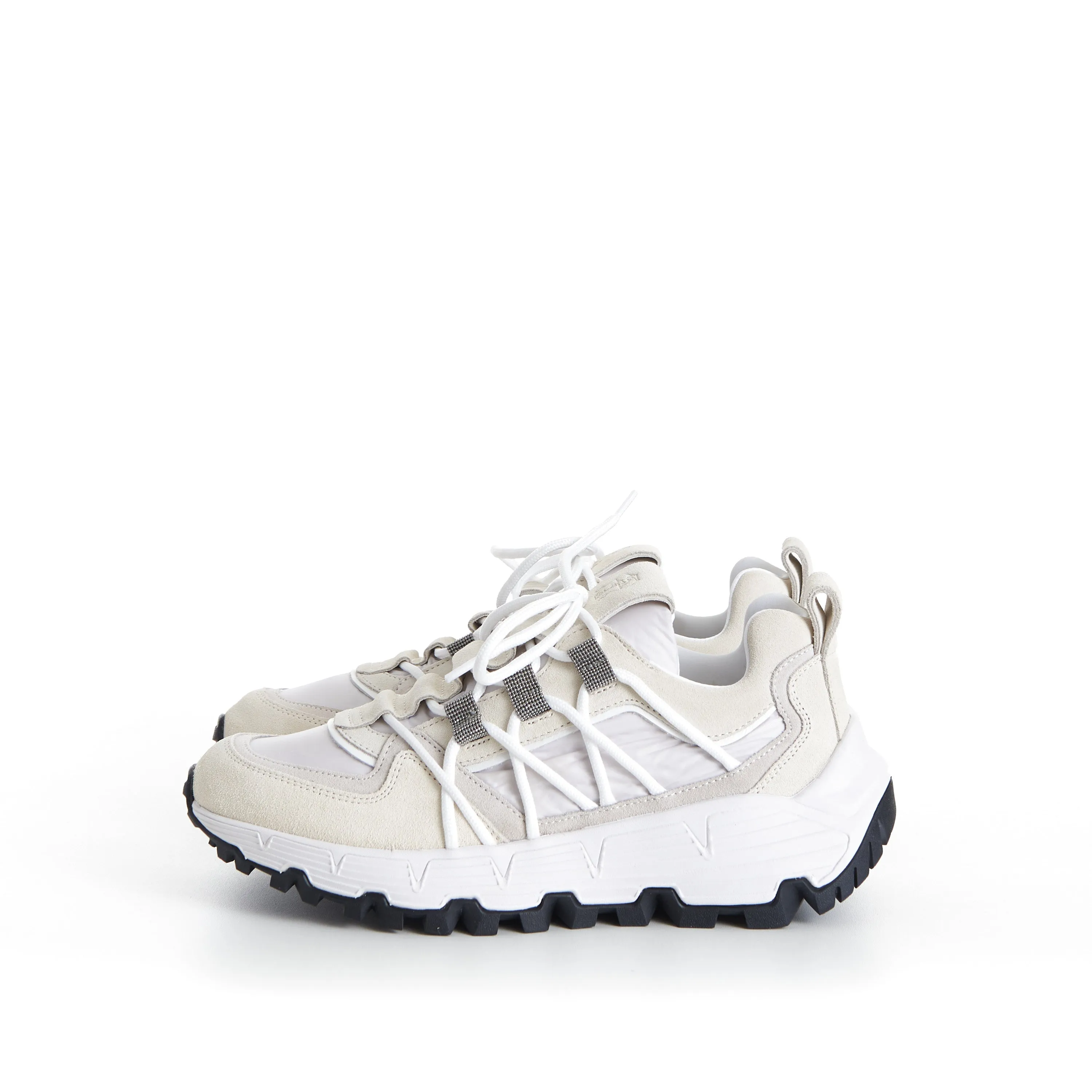 White Lowtop Sneakers - Monili Embroidered Eyelets, Suede/Techno Fabric