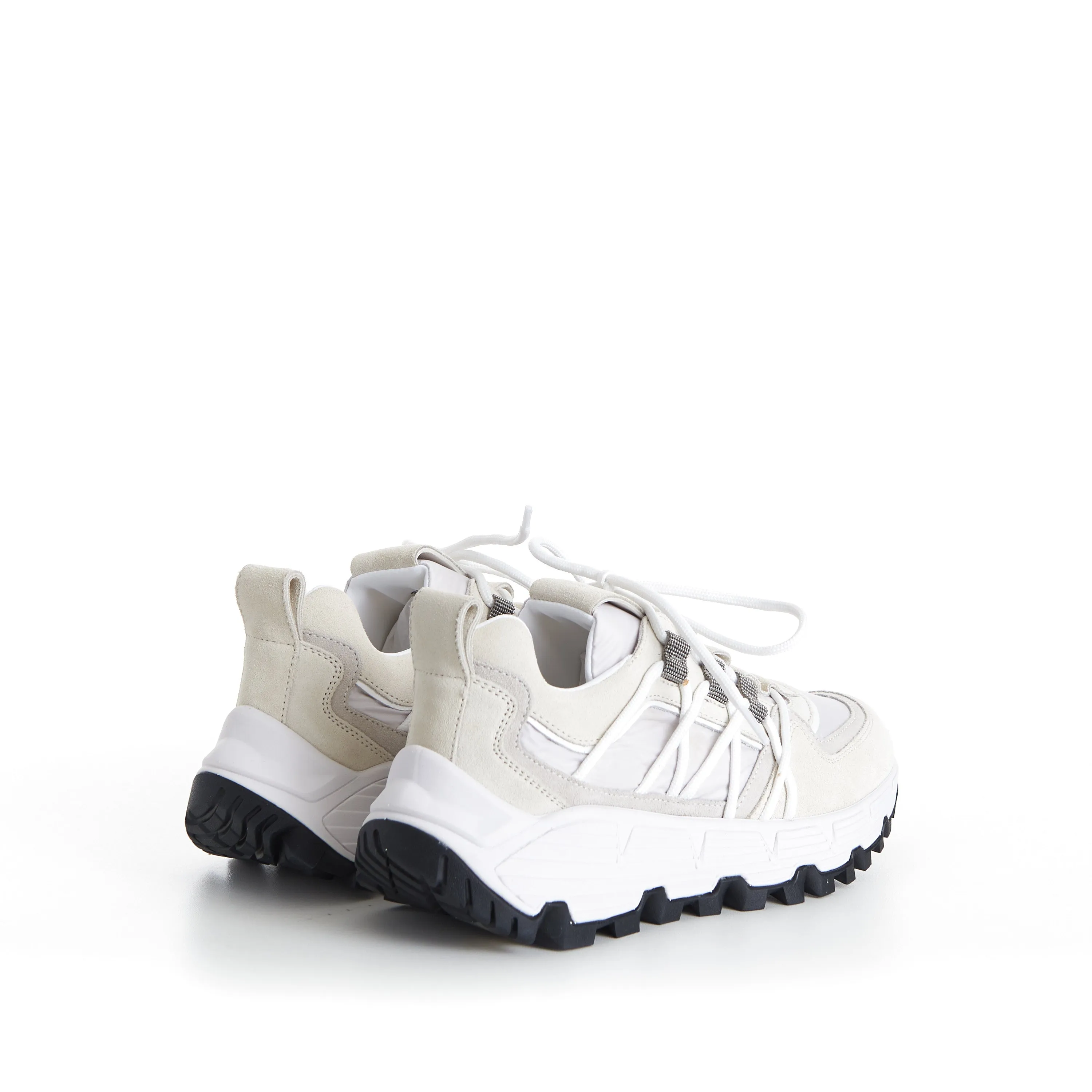 White Lowtop Sneakers - Monili Embroidered Eyelets, Suede/Techno Fabric