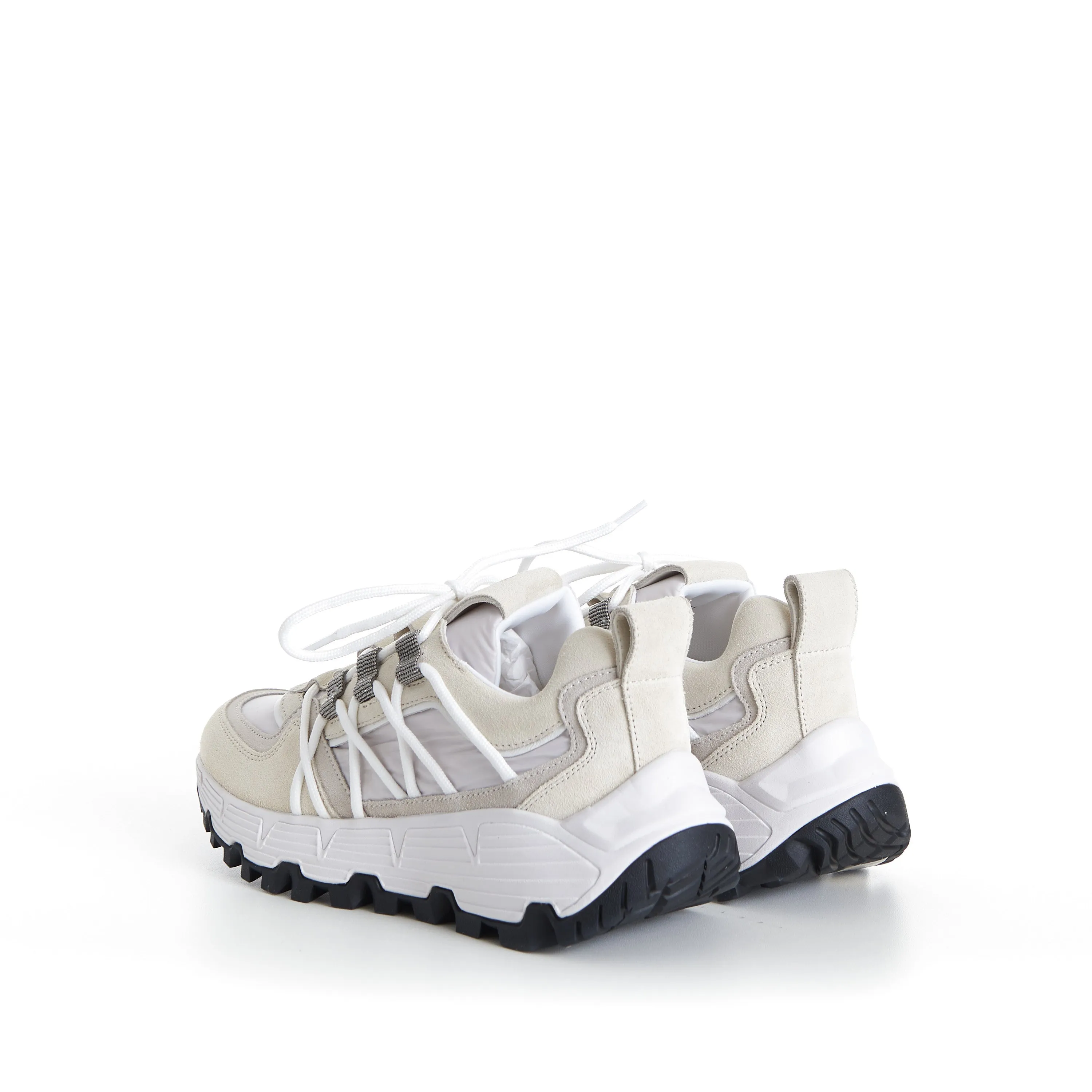 White Lowtop Sneakers - Monili Embroidered Eyelets, Suede/Techno Fabric