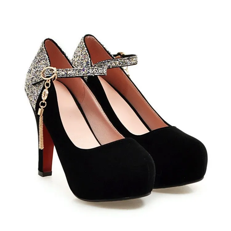 Women sequin color block pendant buckle strap dancing high heels