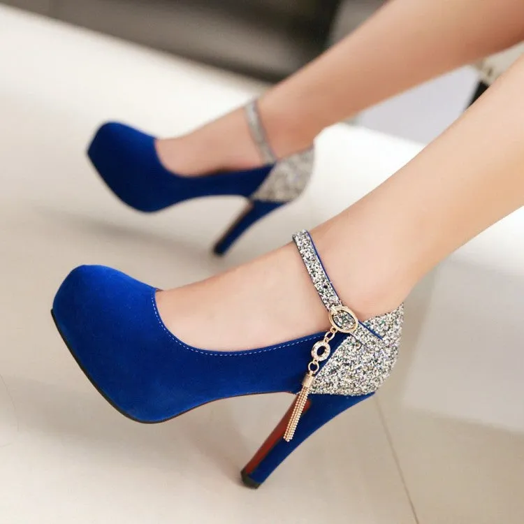 Women sequin color block pendant buckle strap dancing high heels