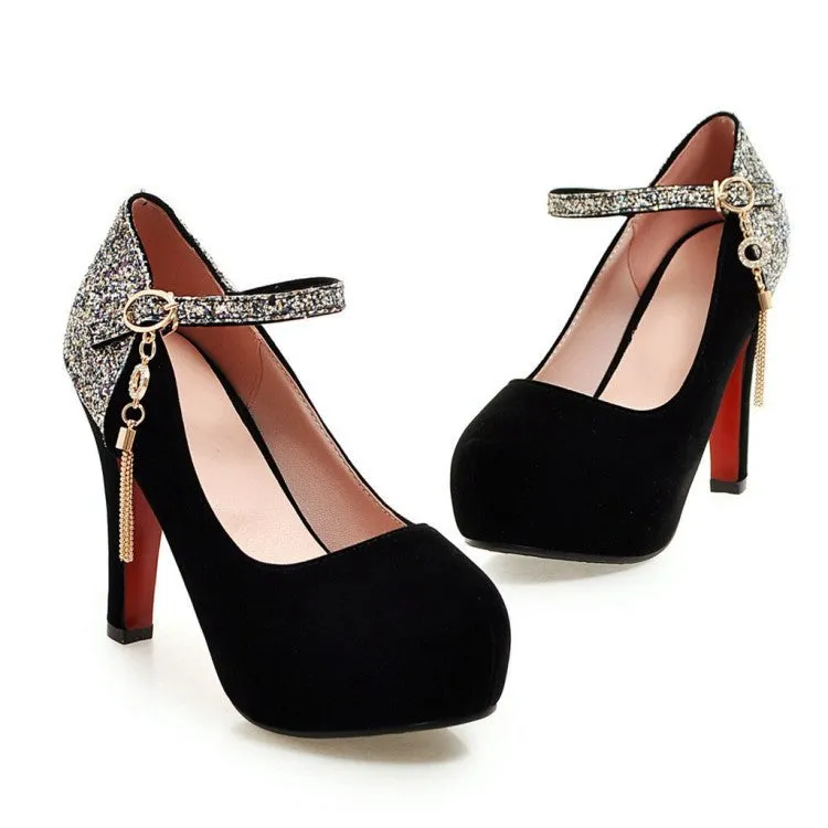 Women sequin color block pendant buckle strap dancing high heels