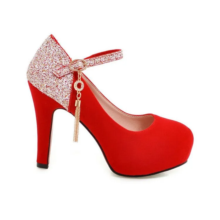 Women sequin color block pendant buckle strap dancing high heels