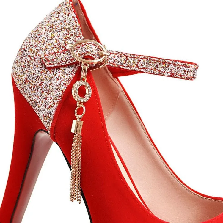 Women sequin color block pendant buckle strap dancing high heels