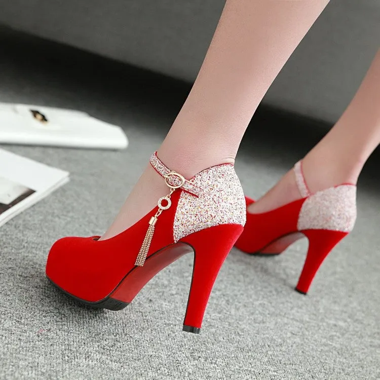 Women sequin color block pendant buckle strap dancing high heels