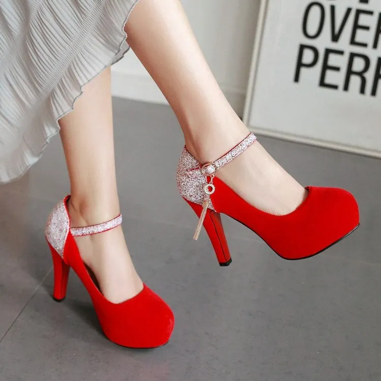 Women sequin color block pendant buckle strap dancing high heels