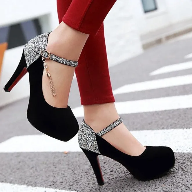 Women sequin color block pendant buckle strap dancing high heels