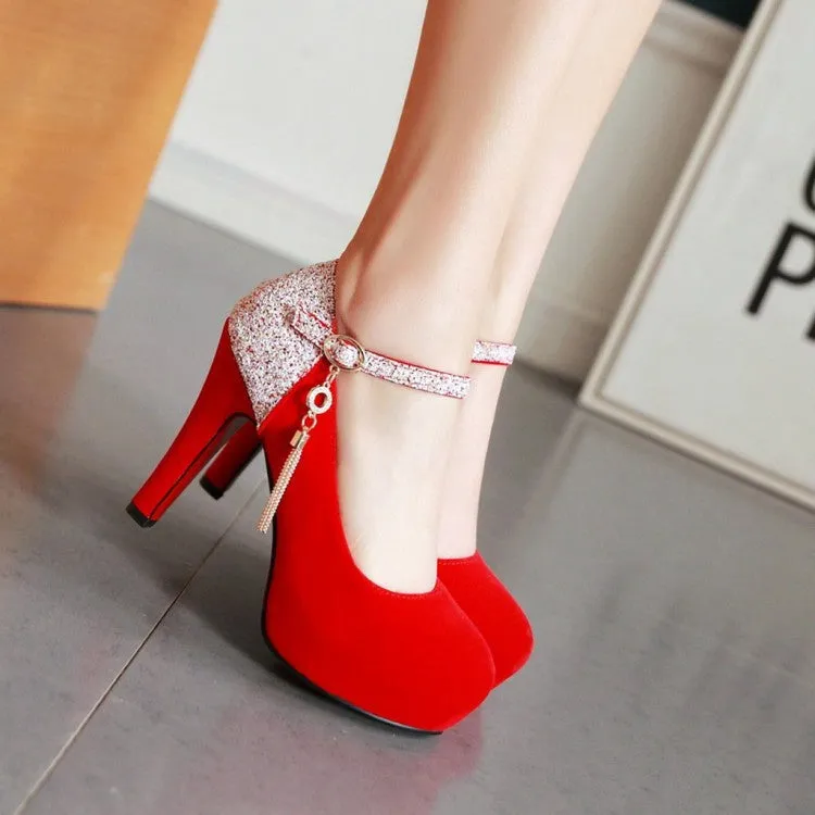 Women sequin color block pendant buckle strap dancing high heels