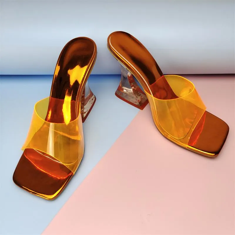 Women square toe clear strap slide chunky high heels