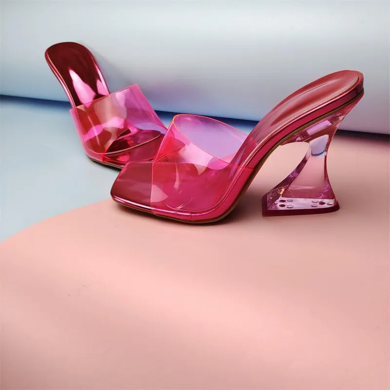 Women square toe clear strap slide chunky high heels