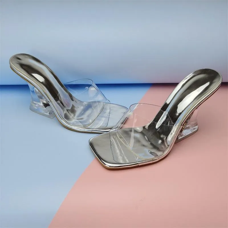 Women square toe clear strap slide chunky high heels