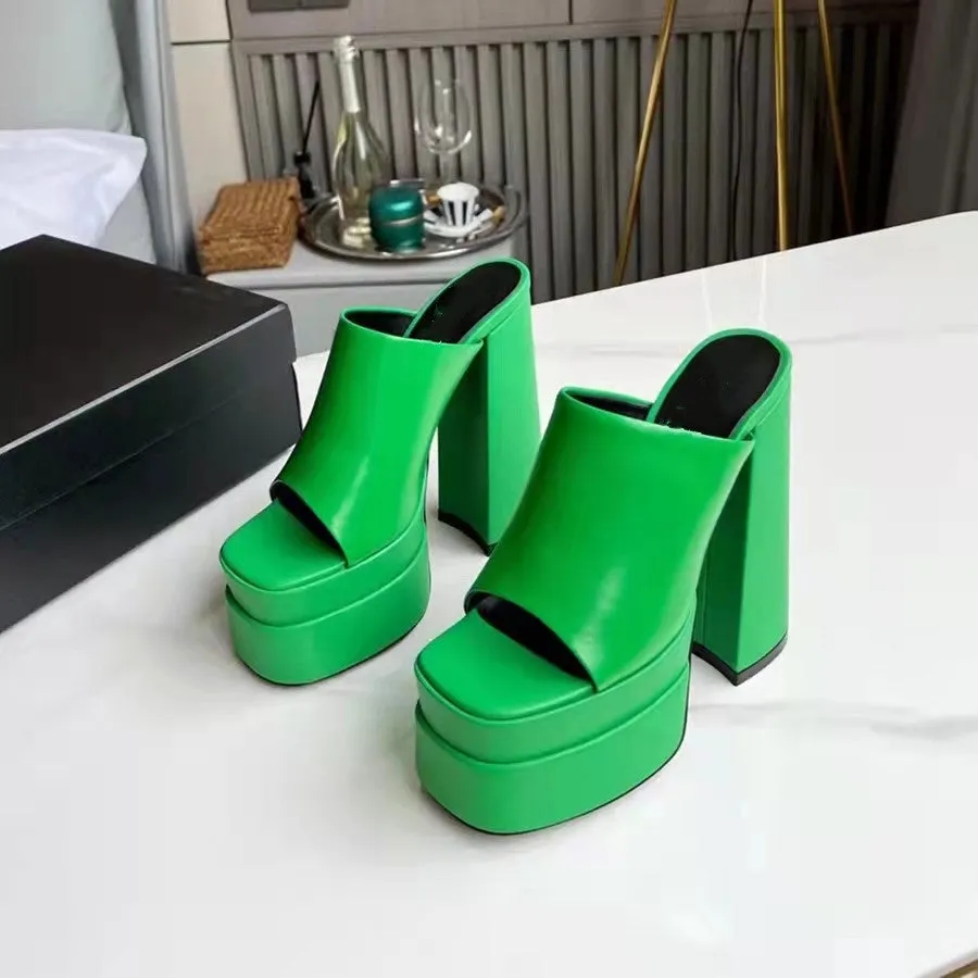 Women suqare peep toe chunky high slide platform heels