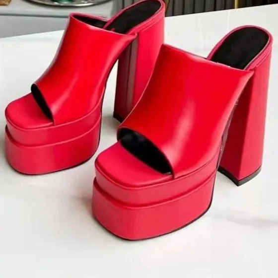 Women suqare peep toe chunky high slide platform heels