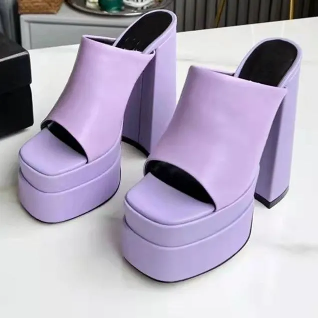 Women suqare peep toe chunky high slide platform heels