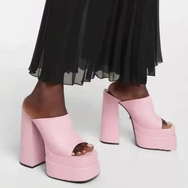 Women suqare peep toe chunky high slide platform heels