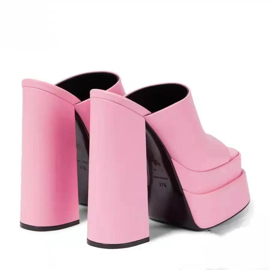 Women suqare peep toe chunky high slide platform heels