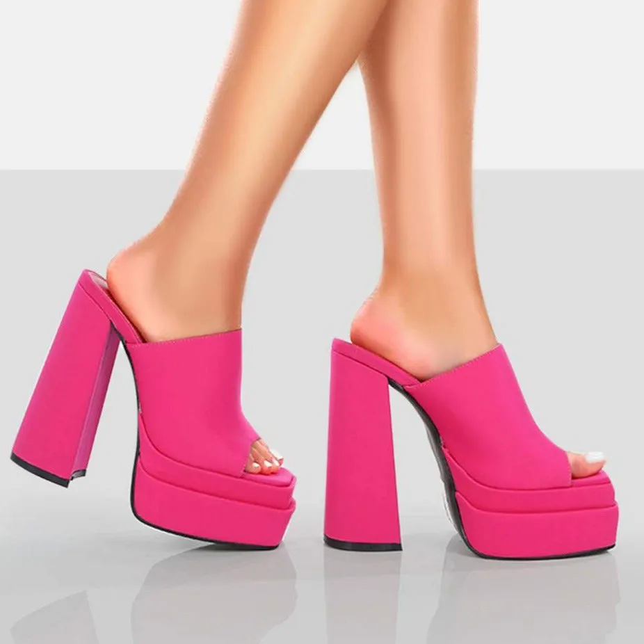 Women suqare peep toe chunky high slide platform heels
