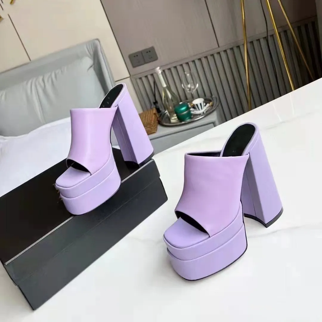 Women suqare peep toe chunky high slide platform heels