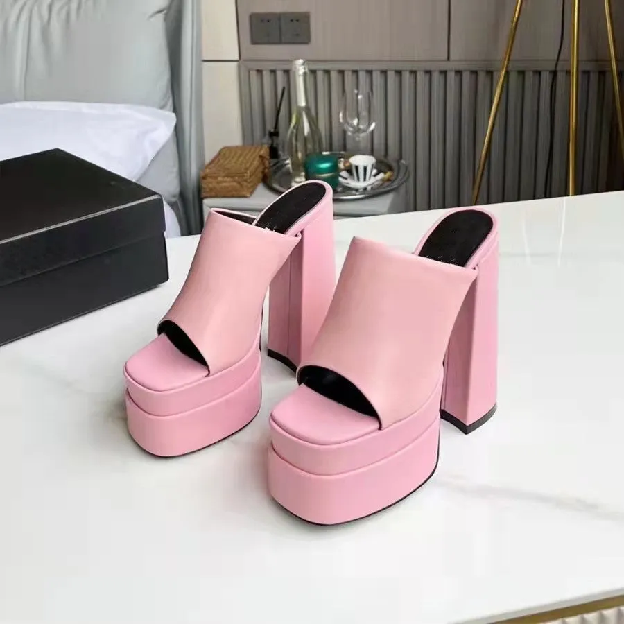 Women suqare peep toe chunky high slide platform heels