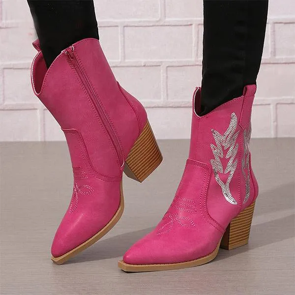 Women's Fashionable Sequined Chunky Heel Short Boots 63637550S