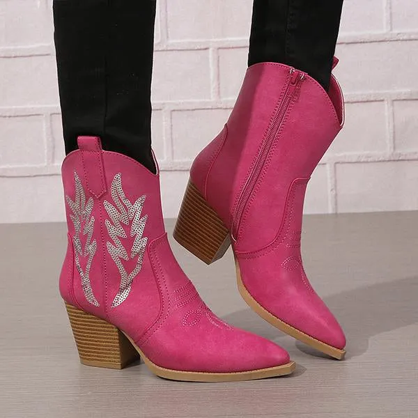 Women's Fashionable Sequined Chunky Heel Short Boots 63637550S
