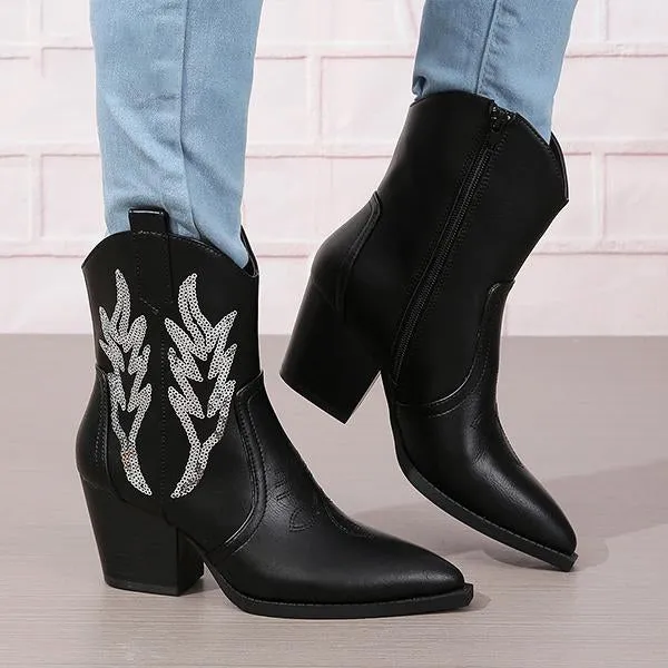 Women's Fashionable Sequined Chunky Heel Short Boots 63637550S
