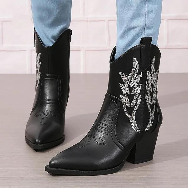 Women's Fashionable Sequined Chunky Heel Short Boots 63637550S