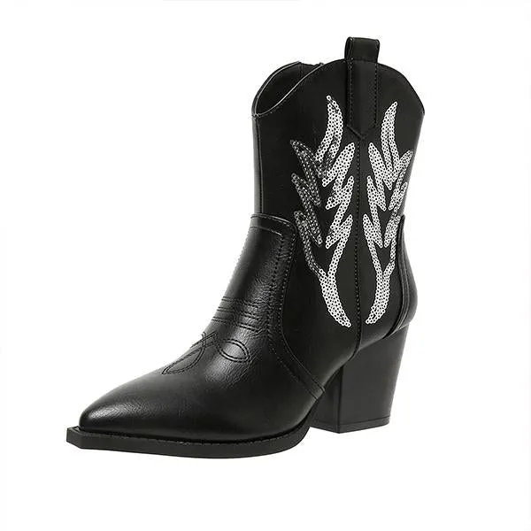 Women's Fashionable Sequined Chunky Heel Short Boots 63637550S