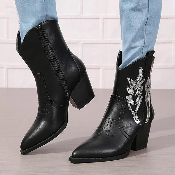 Women's Fashionable Sequined Chunky Heel Short Boots 63637550S
